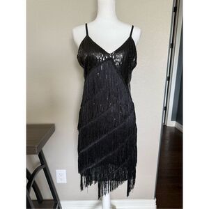 Jerry Beck Flapper Girl Costume Black Fringe Sequin Dress XS